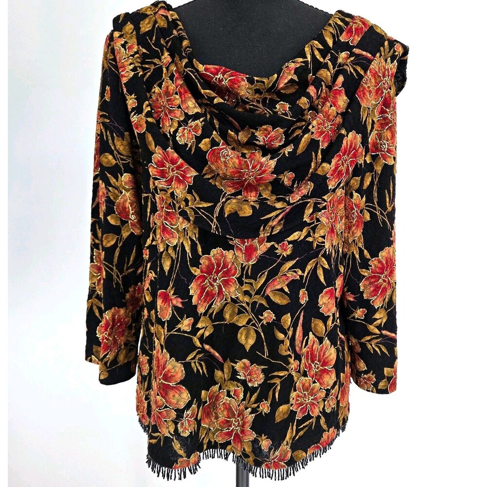 Vintage 90s MSK Womens Black Gold Floral Cowl Neck Long Sleeve Beaded Fringe 1X